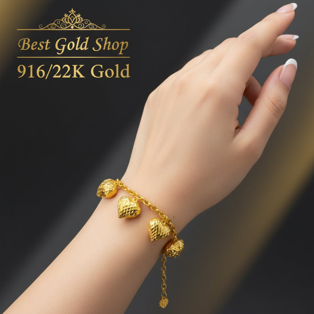 22k / 916 Gold Anchor Link With Dangling Big Hearts BraceletBraceletsBest Gold Shop