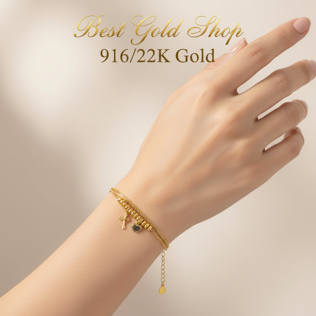 22k / 916 Gold Heart Dangling Bracelet demure and elegantBraceletsBest Gold Shop