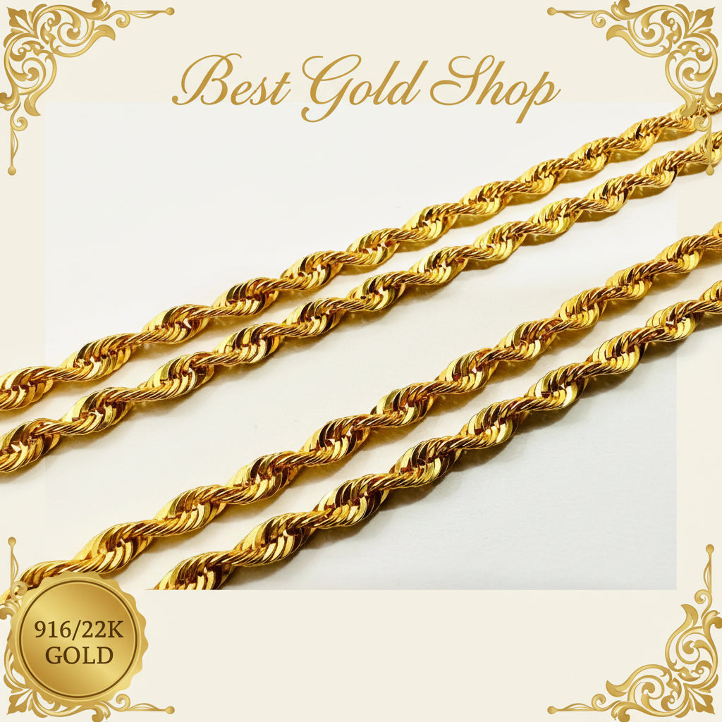 22K / 916 Gold Heavier Weight Hollow Rope Necklace by Best Gold Shop916 goldBest Gold Shop