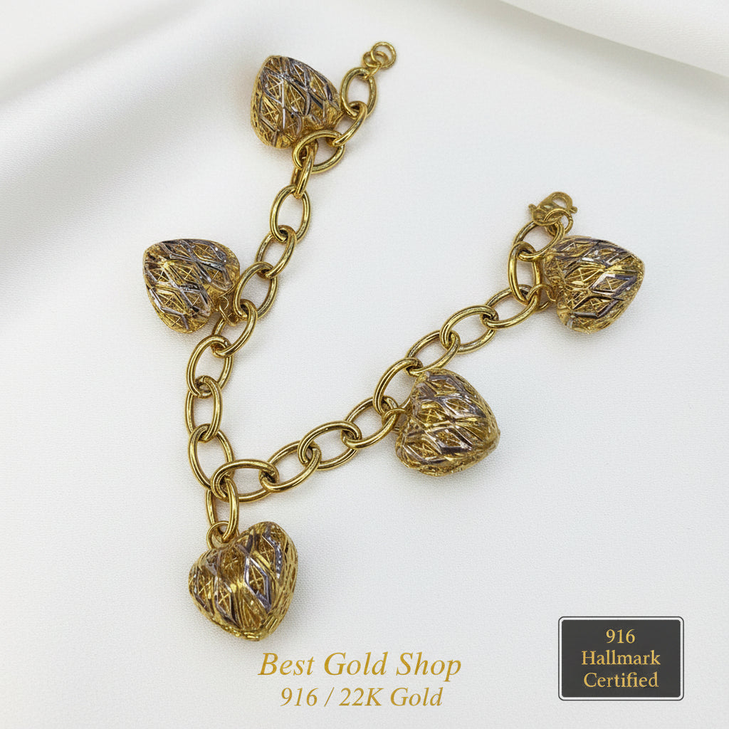 22k / 916 Gold Ring Link Dangling Heart 2 Tone Bracelet V3BraceletsBest Gold Shop