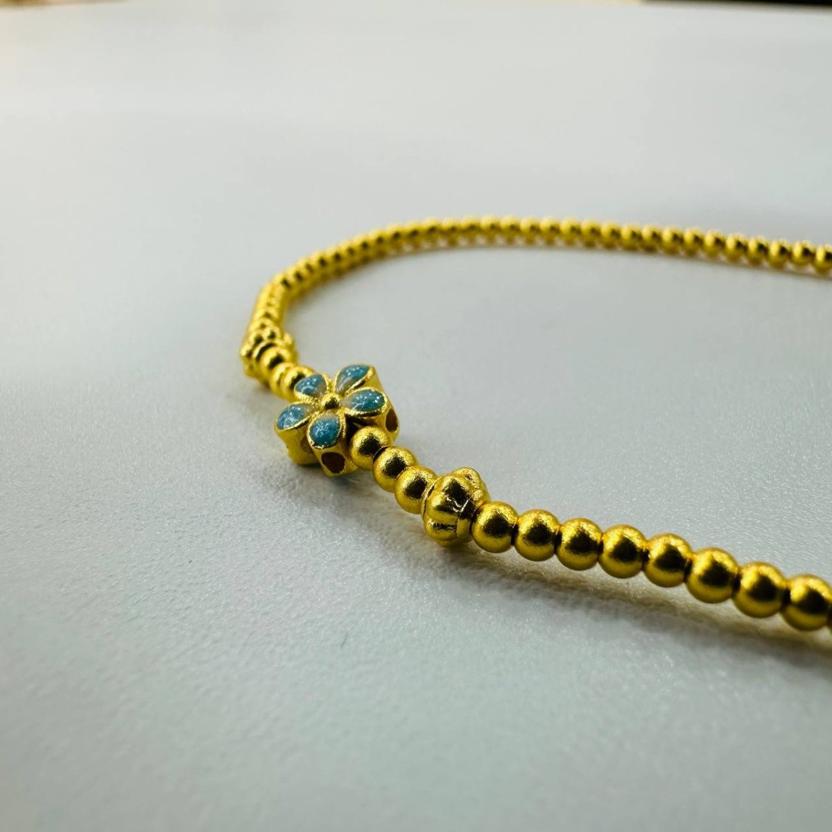 24k / 999 Gold Bead Bracelet with Blue Flower by Best Gold Shop - Best Gold Shop 24k gold 24k gold bracelet 999 gold Bracelets