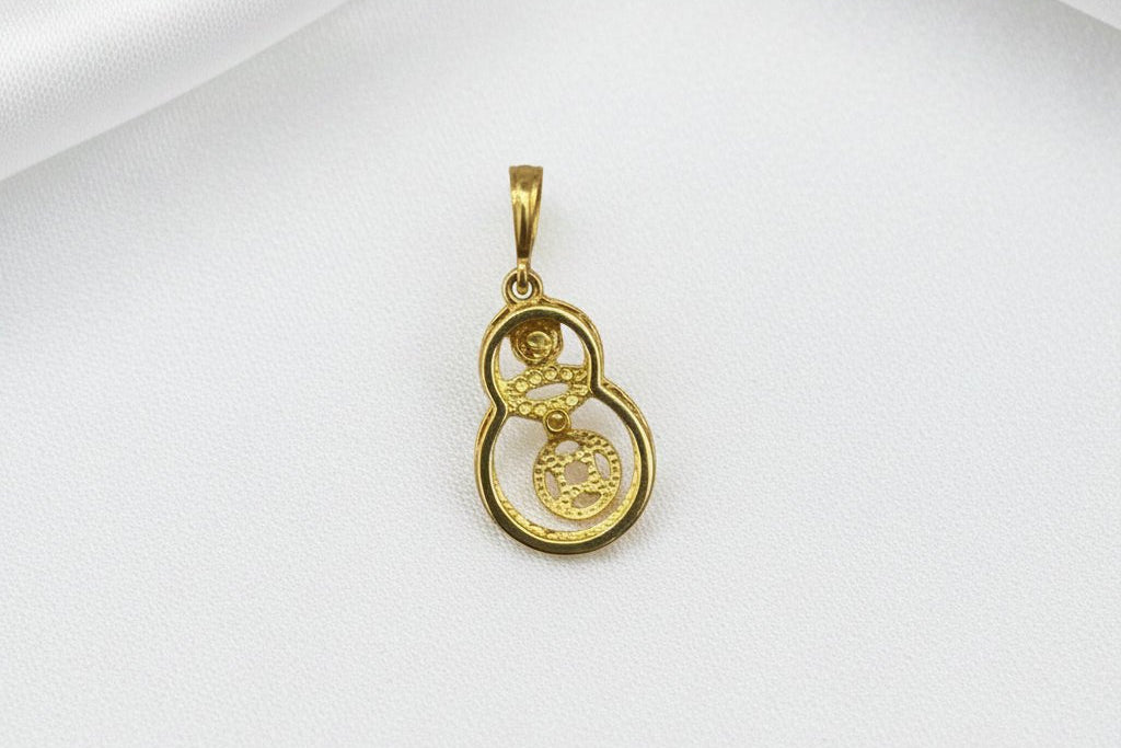 Back view of the 916 gold Hulu pendant on white satin, showing the reverse of the gourd-shaped frame, two coin motifs and bail