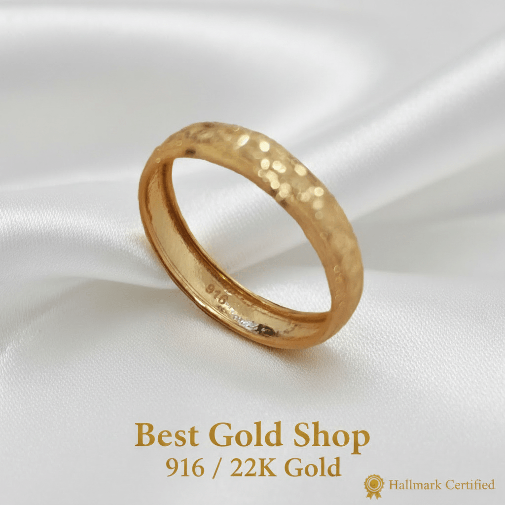 Angled view of the 22K slim hollow V7 ring on white fabric