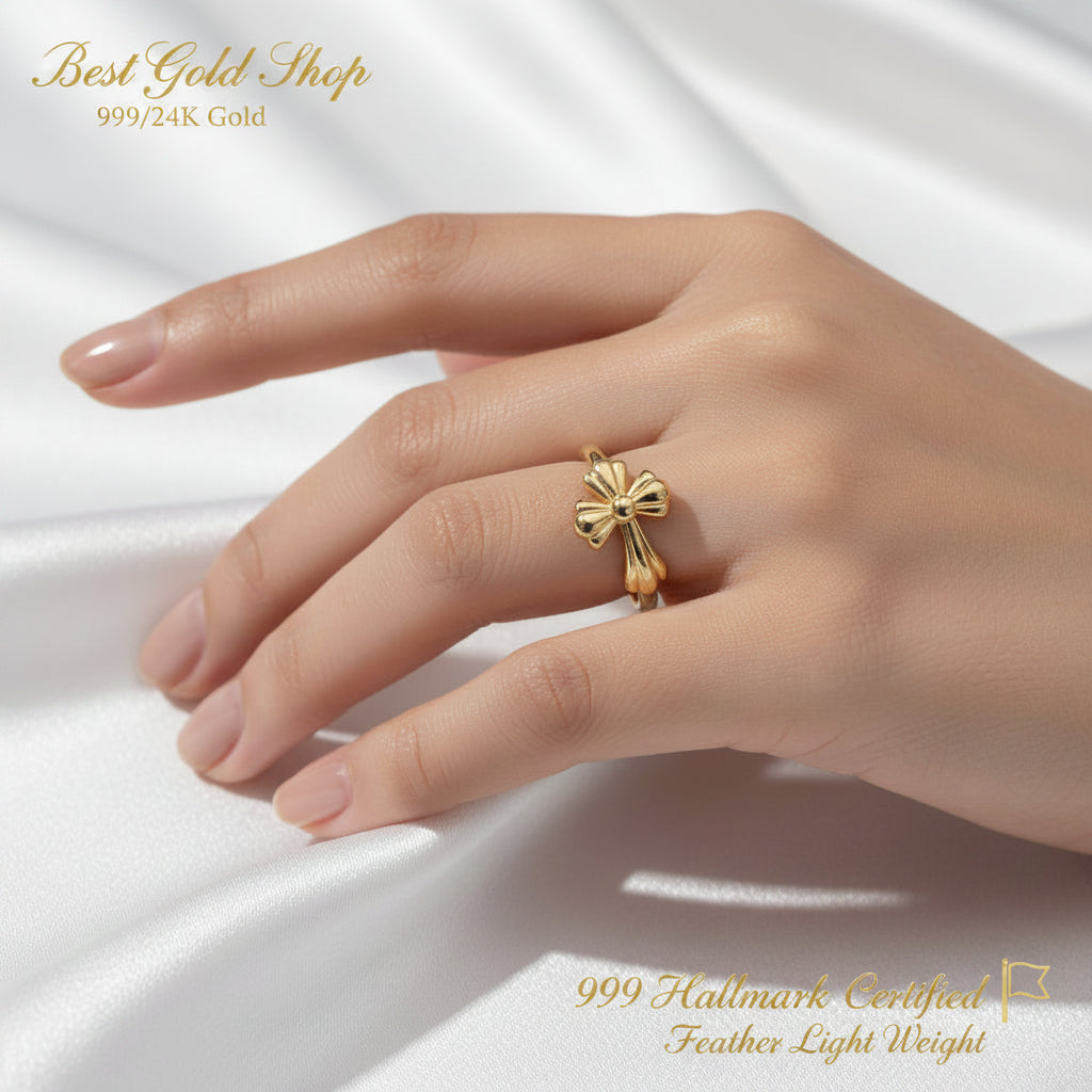 999 Gold Cross Design Feather Light Ring | 24K Fine Gold Ring