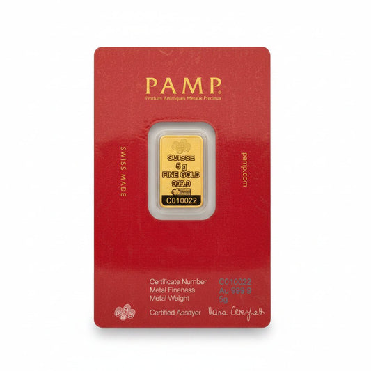 Front view of a 5g PAMP Suisse 999.9 fine gold bar.