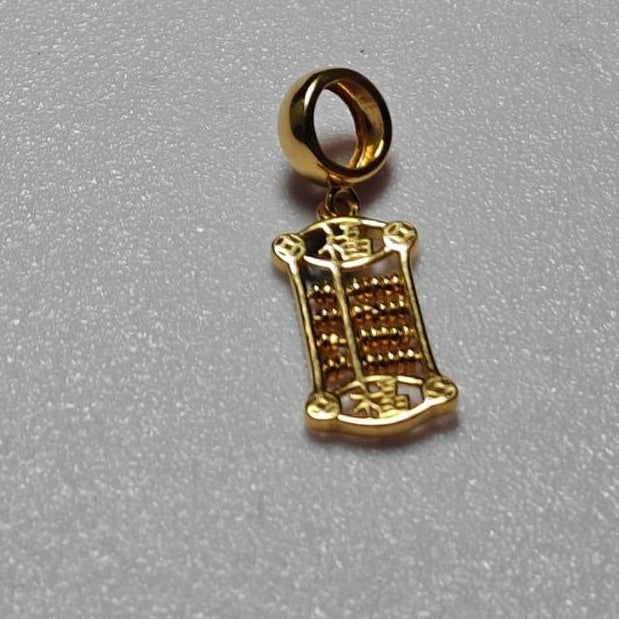 Upright front view of 916 gold prosperity abacus pendant showing bead rows and circular hanging loop