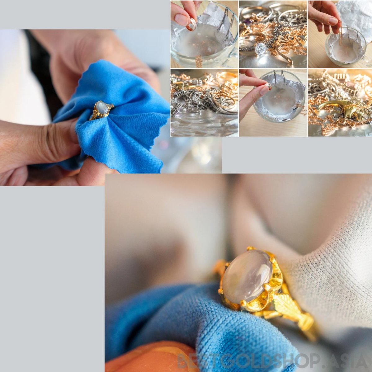 Jewellery cleaning collage showing a ring polished with a blue cloth and jewellery washed in a mesh basket