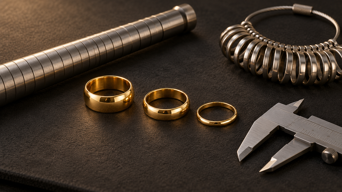 Three yellow-gold rings in different widths beside professional ring-sizing tools on a charcoal jeweller’s mat.
