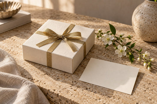 Editorial gift concept: an ivory box with gold ribbon, blank card and white flowers; not actual store packaging.