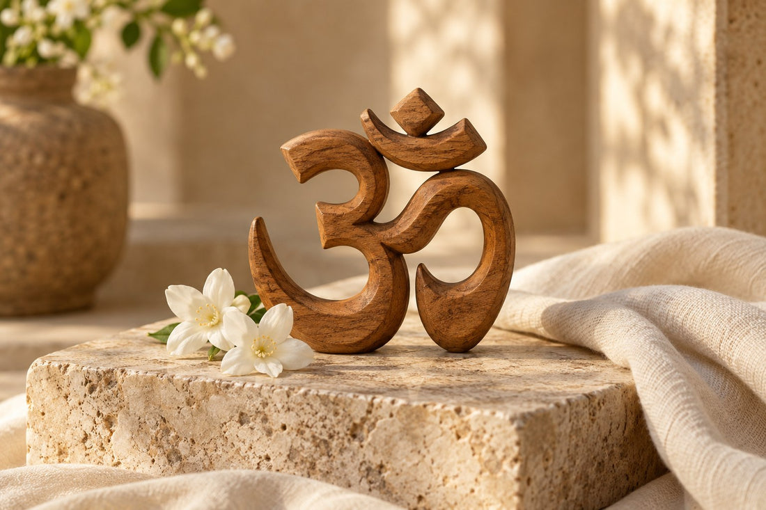 Editorial illustration of a wooden Om symbol with jasmine flowers and ivory linen.