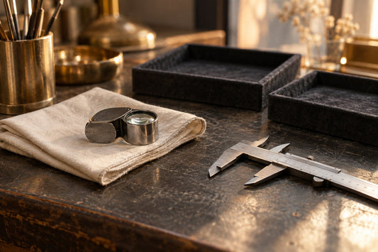 Editorial illustration of a jeweller’s loupe, caliper and empty velvet trays on an inspection desk.