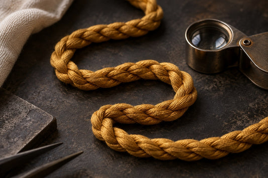 Editorial illustration of golden textile rope and a jeweller’s loupe, exploring twisted structure; not a gold necklace.