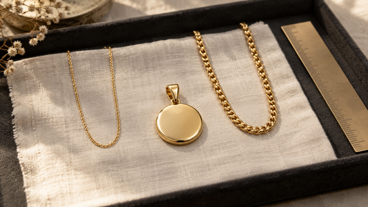 Generic yellow-gold pendant beside fine and thicker chains on ivory cloth with a jeweller’s ruler.