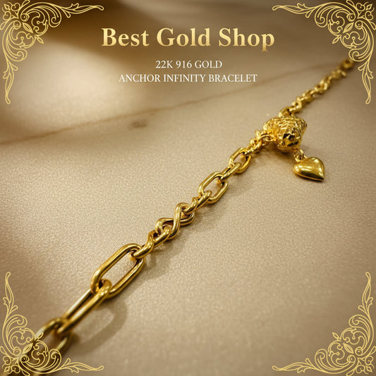 22k / 916 Gold Anchor Infinity Bracelet with Dangling Heart - 22k gold 22k gold bracelet 916 gold Bracelets