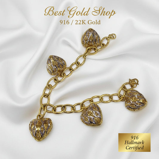 22k / 916 Gold Ring Link Dangling Heart 2 Tone Bracelet V3BraceletsBest Gold Shop