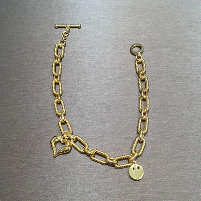 24k / 999 Gold Chain Link Dangling heart and smiling face Bracelet - Best Gold Shop 24k gold 24k gold bracelet 999 gold Bracelets