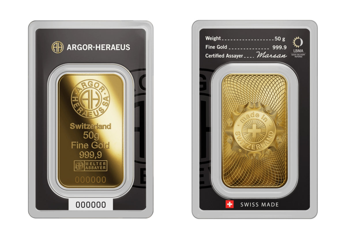 50g 999.9 gold bar by Argor-Heraeus in certified packaging