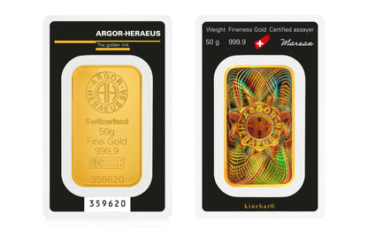 Argor-Heraeus 50g 999.9 Kinebar gold bar in certified packaging