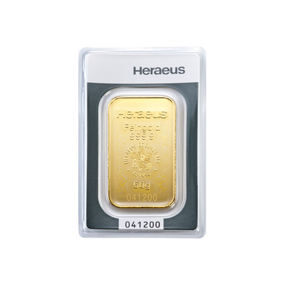 Heraeus 50g 999.9 gold bar front view