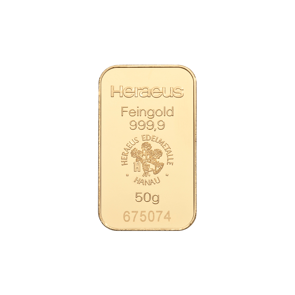 Heraeus 50g 999.9 gold bar in certified blister packaging