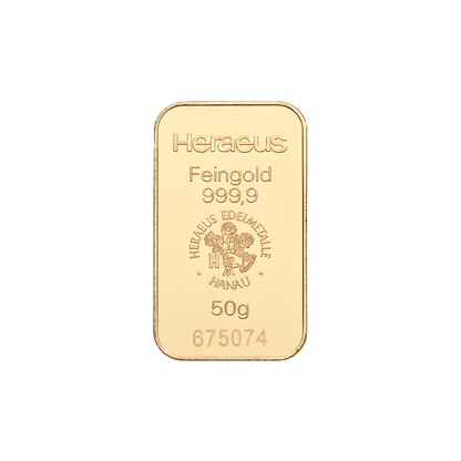 Heraeus 50g 999.9 gold bar in certified blister packaging