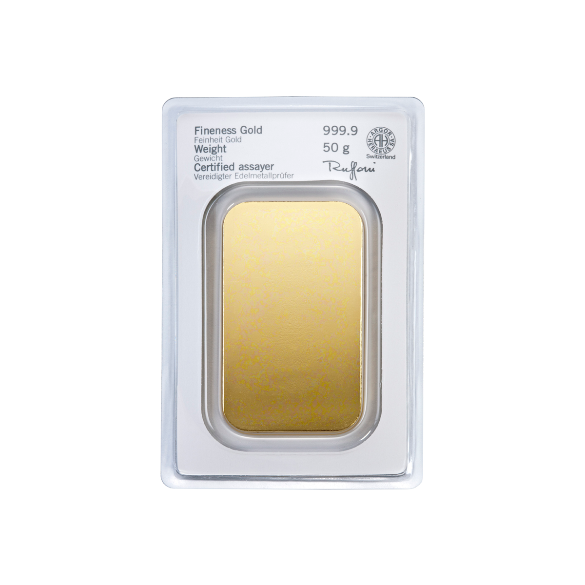 Heraeus 50g 999.9 gold bar reverse view