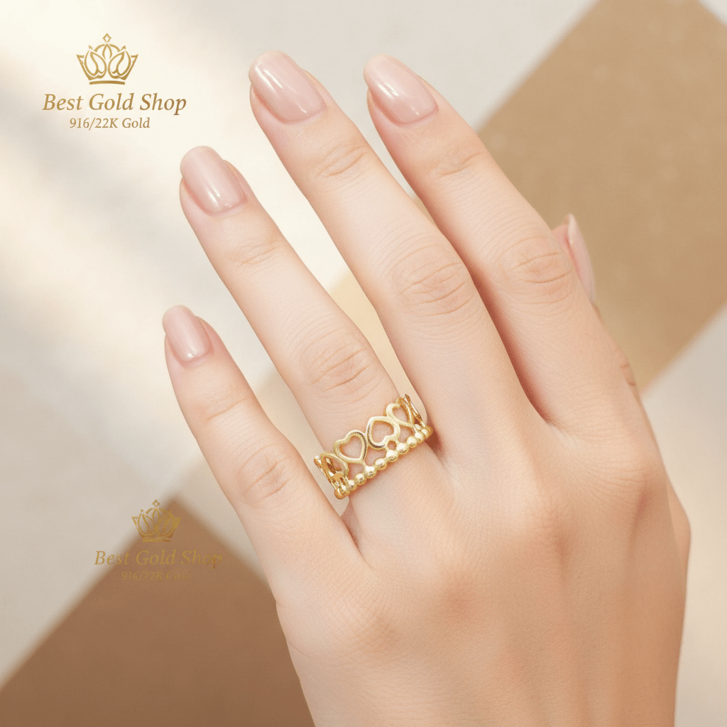 916 Gold Bead and Heart Ring by Best Gold ShopRingsBest Gold Shop
