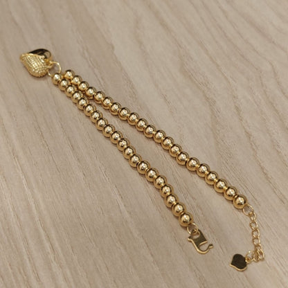 916 Gold Bead Bracelet With Dangling Diamond Cut Heart V2 Feather LightBraceletsBest Gold Shop