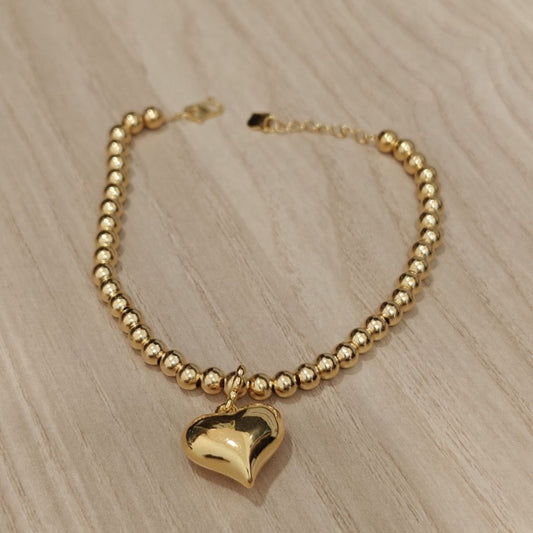 916 Gold Bead Bracelet with dangling Shiny Heart V1 Feather LightBraceletsBest Gold Shop