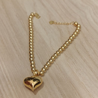 916 Gold Bead Bracelet with dangling Shiny Heart V1 Feather LightBraceletsBest Gold Shop