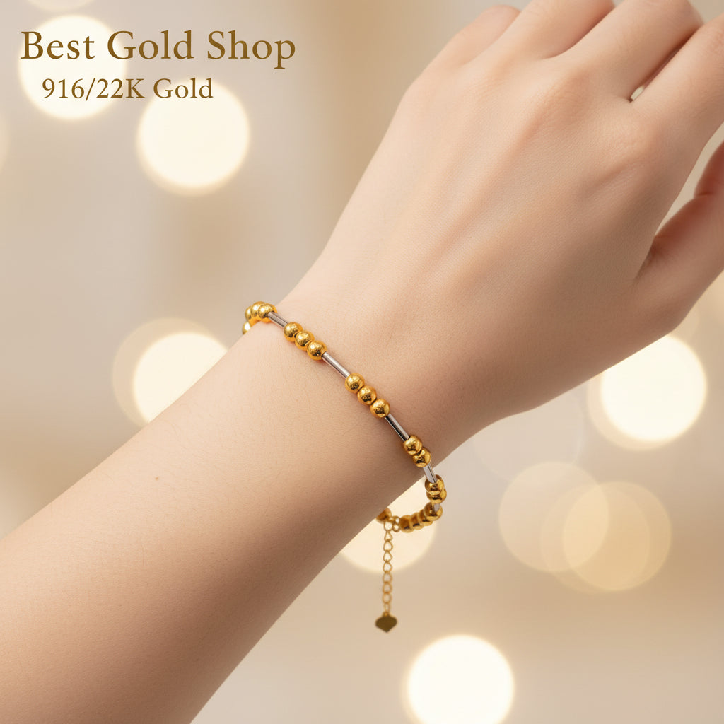 916 Gold Beads with Bar Bracelet – 2 OR 3 Tone DesignBraceletsBest Gold Shop