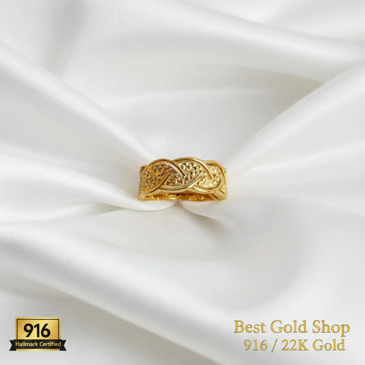Braided 916 gold lightweight ring front view on white fabric