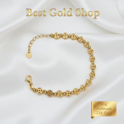 Adjustable 17.2–20cm 916 Gold Chinese Coin bracelet.