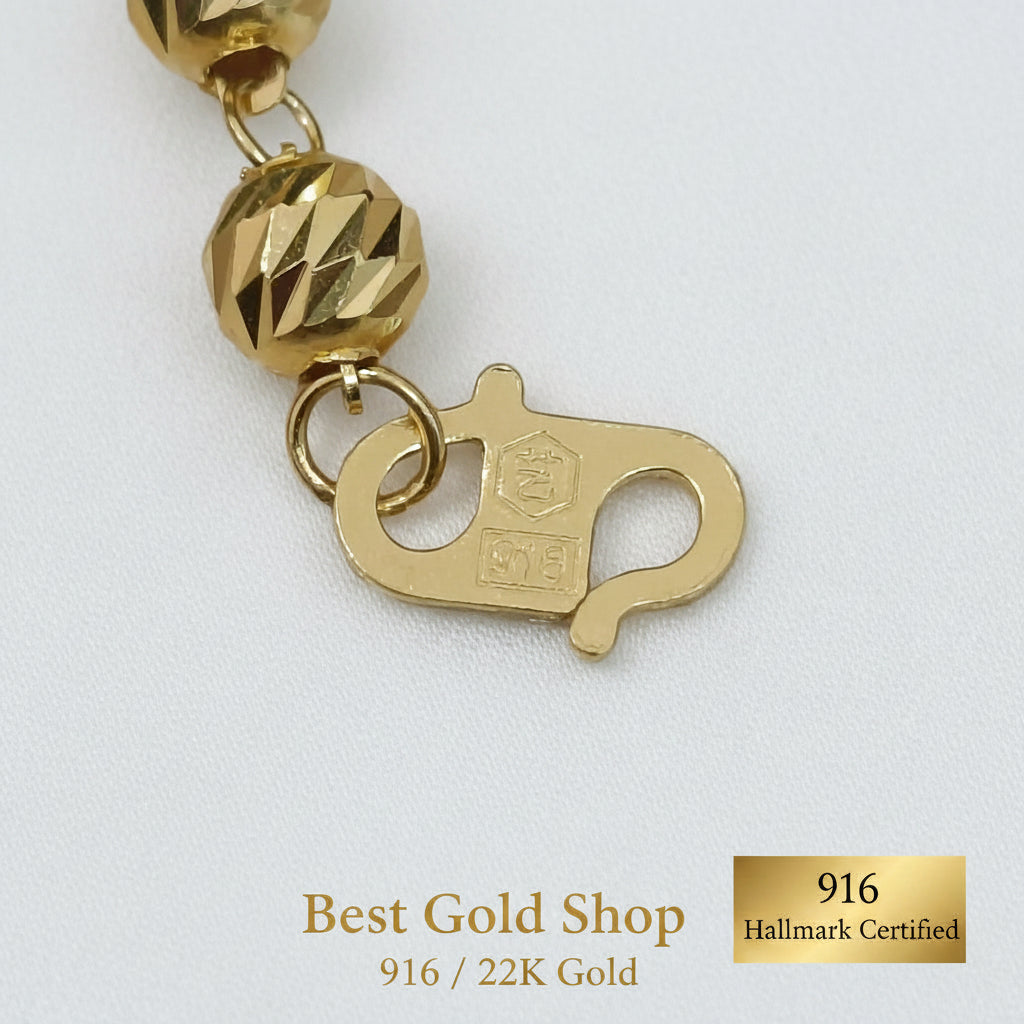 Full-length view of 18–19cm 916 Gold Diamond-Cut Ball bracelet.