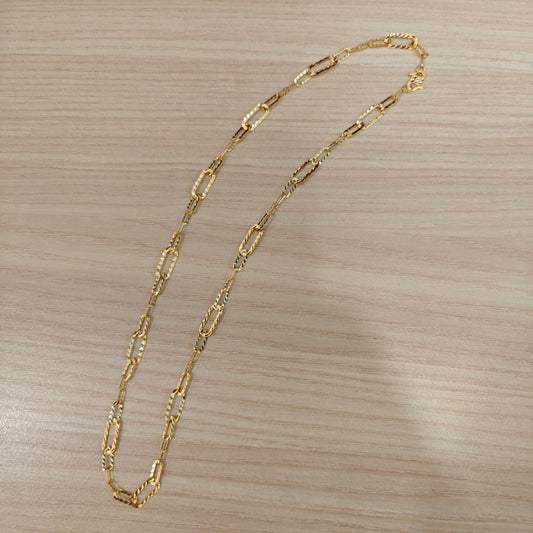 Full view of the 916 gold diamond-cut fancy link necklace in an elongated loop, with lobster clasp at the top