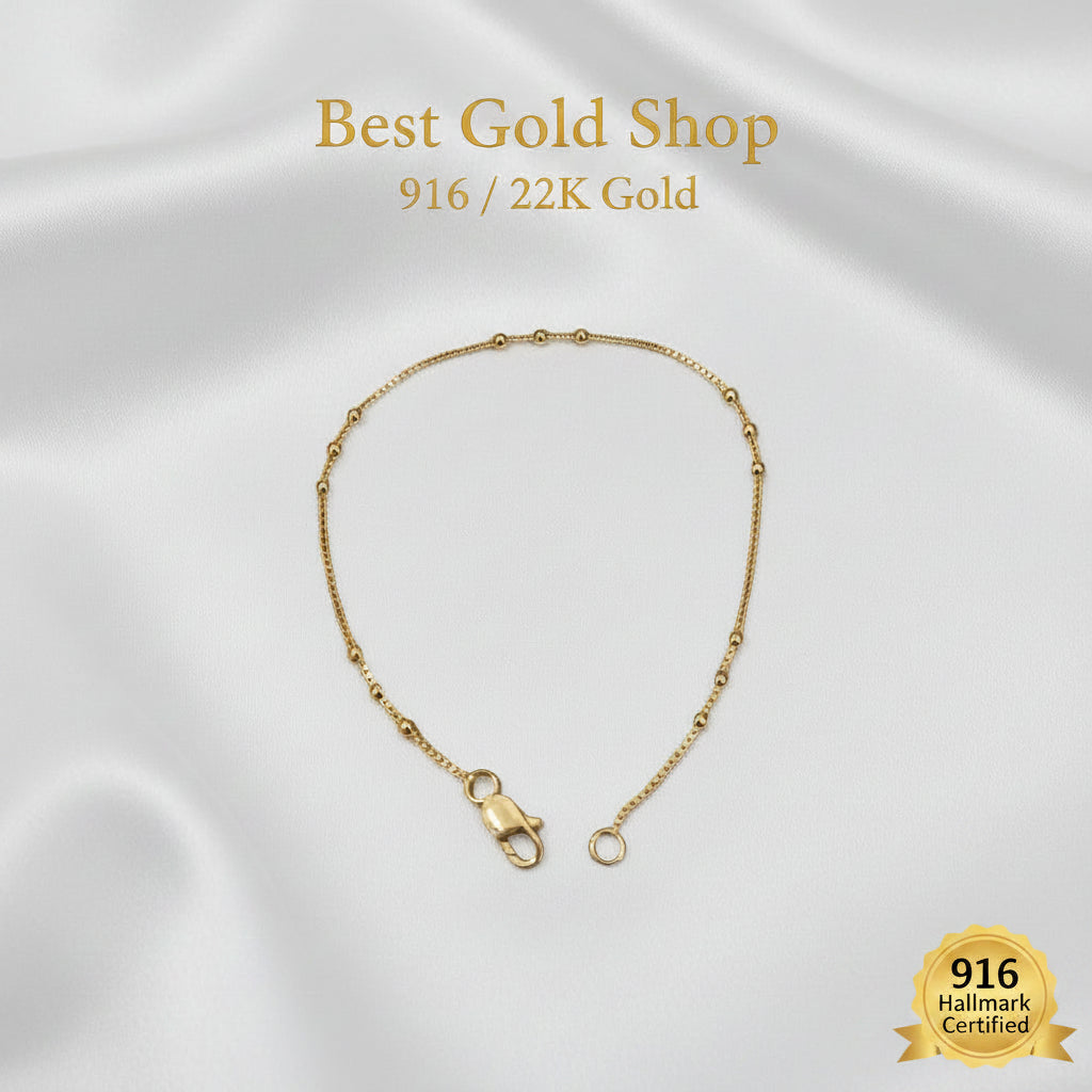 Full view of 916 Gold Fancy Bead Station Bracelet in 17.5cm length.