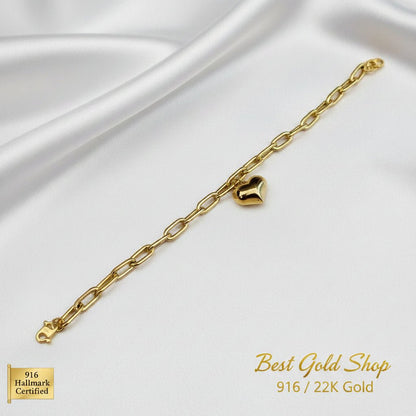 916 Gold Fancy Link Dangling Heart Bracelet V1 Bold and Elegant, Weight 5.36g L18-18.5 cm Width 0.5,BraceletsBest Gold Shop