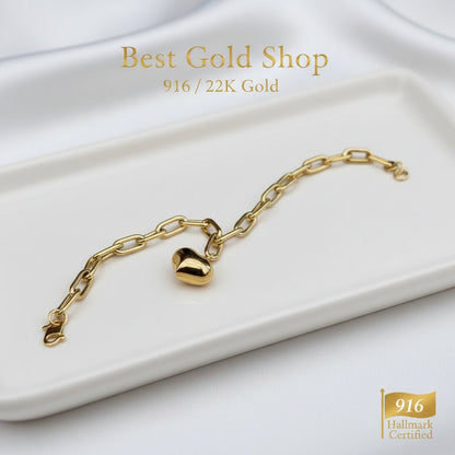 916 Gold Fancy Link Dangling Heart Bracelet V1 Bold and Elegant, Weight 5.36g L18-18.5 cm Width 0.5,BraceletsBest Gold Shop