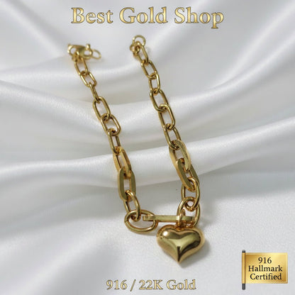 916 Gold Fancy Link Dangling Heart Bracelet V2 Bold and Elegant, Weight 5.09g L16.5-17.2 cm Width 0.5BraceletsBest Gold Shop