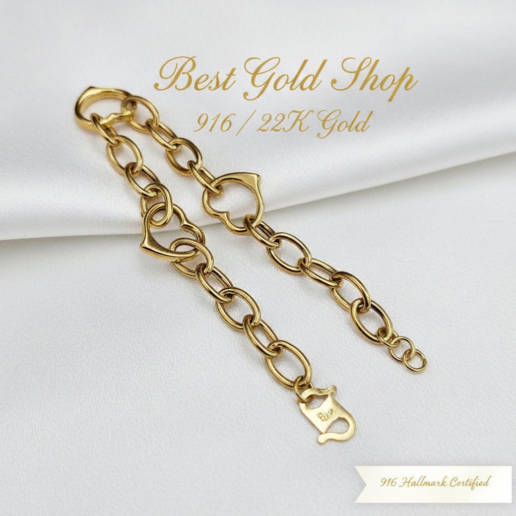916 Gold Fancy Link Dangling Heart Bracelet V5 Bold and ElegantBraceletsBest Gold Shop
