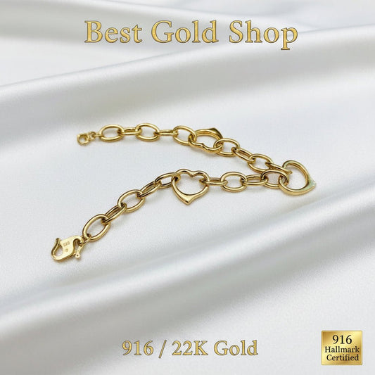 916 Gold Fancy Link Dangling Heart Bracelet V5 Bold and ElegantBraceletsBest Gold Shop