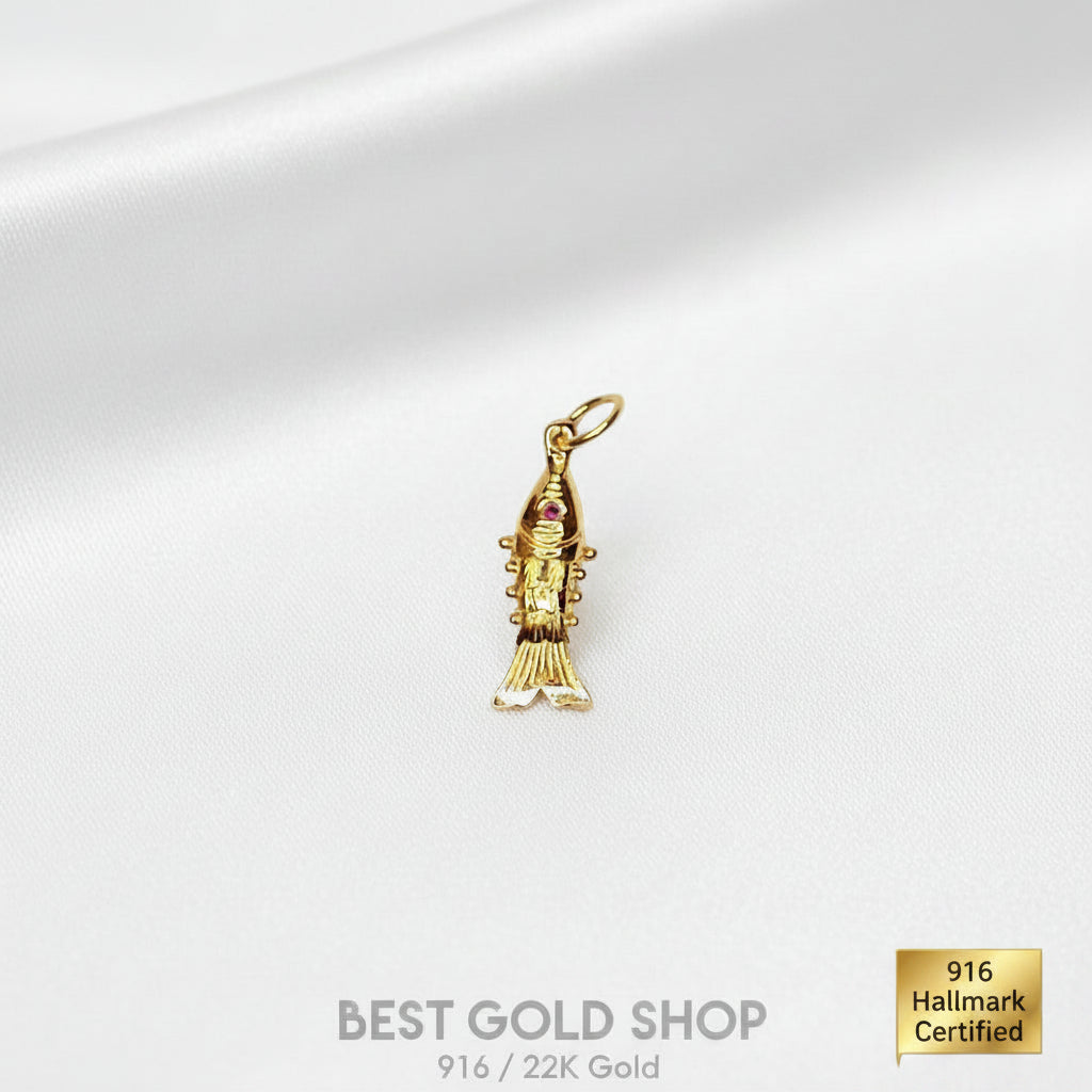 Angled view of a polished 916 gold fighting fish pendant