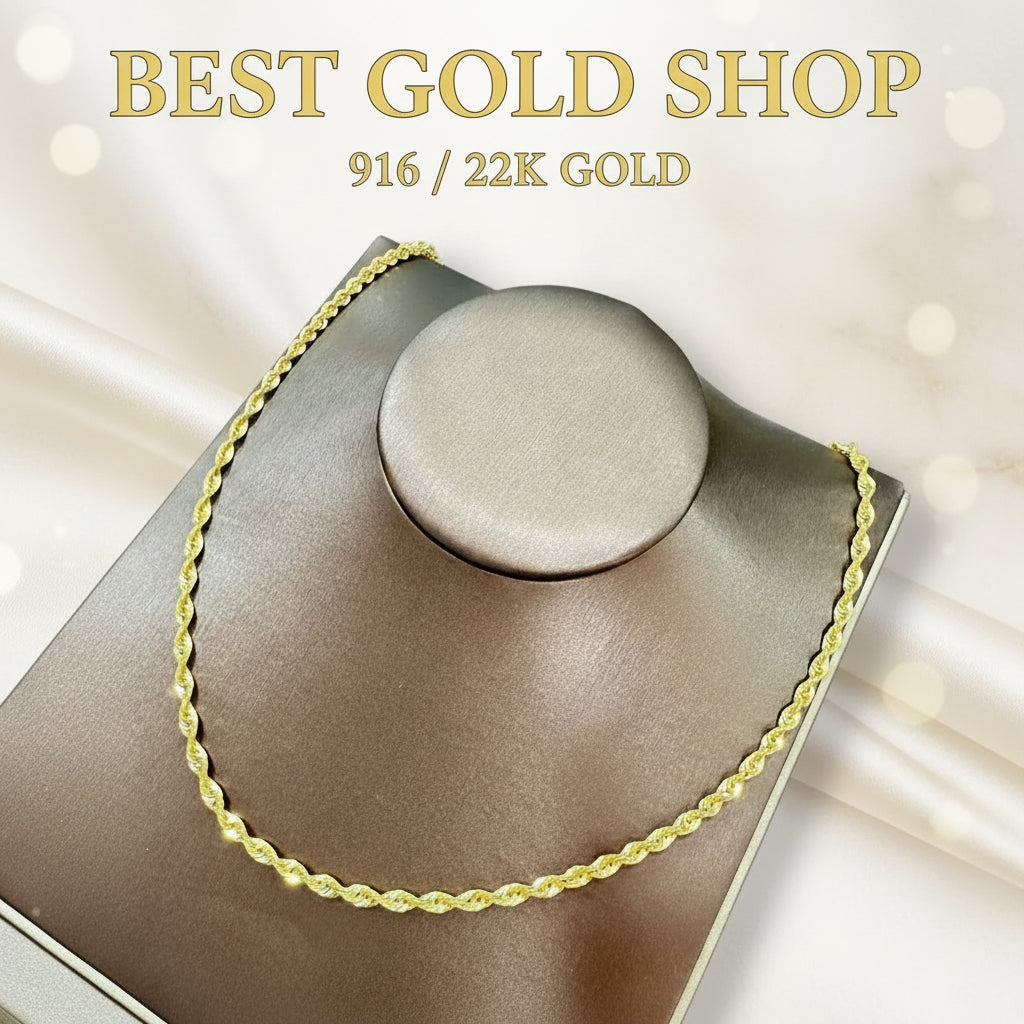 916 Gold Hollow Rope Necklace | Polished 22K Gold Design