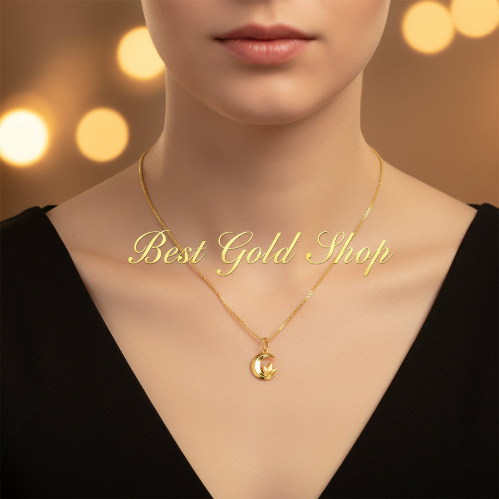 Angled view of a polished 916 gold Moon and Flower Pendant