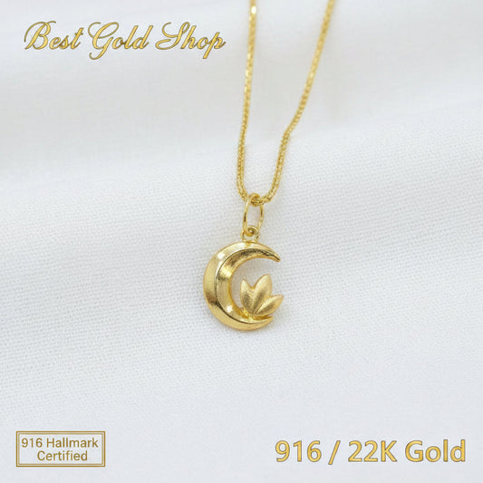 916 gold Moon and Flower Pendant with polished celestial design