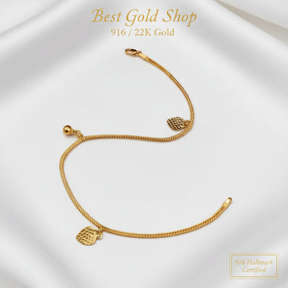 916 Gold Textured Heart Bell Anklet | Elegant 22K Gold Design