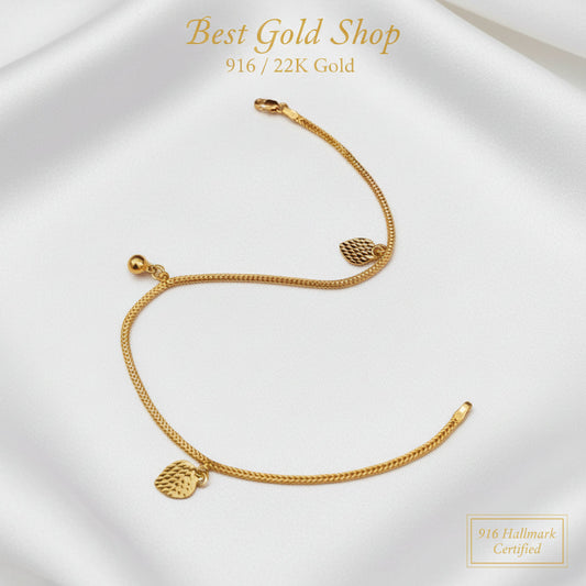 916 Gold Textured Heart Bell Anklet | Elegant 22K Gold Design