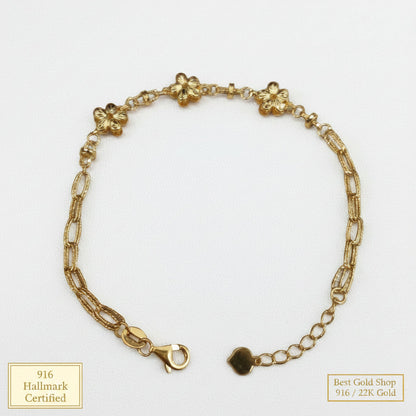 916 Gold (22K) Three-Flower Link Bracelet – Adjustable 16.1–18.2cm