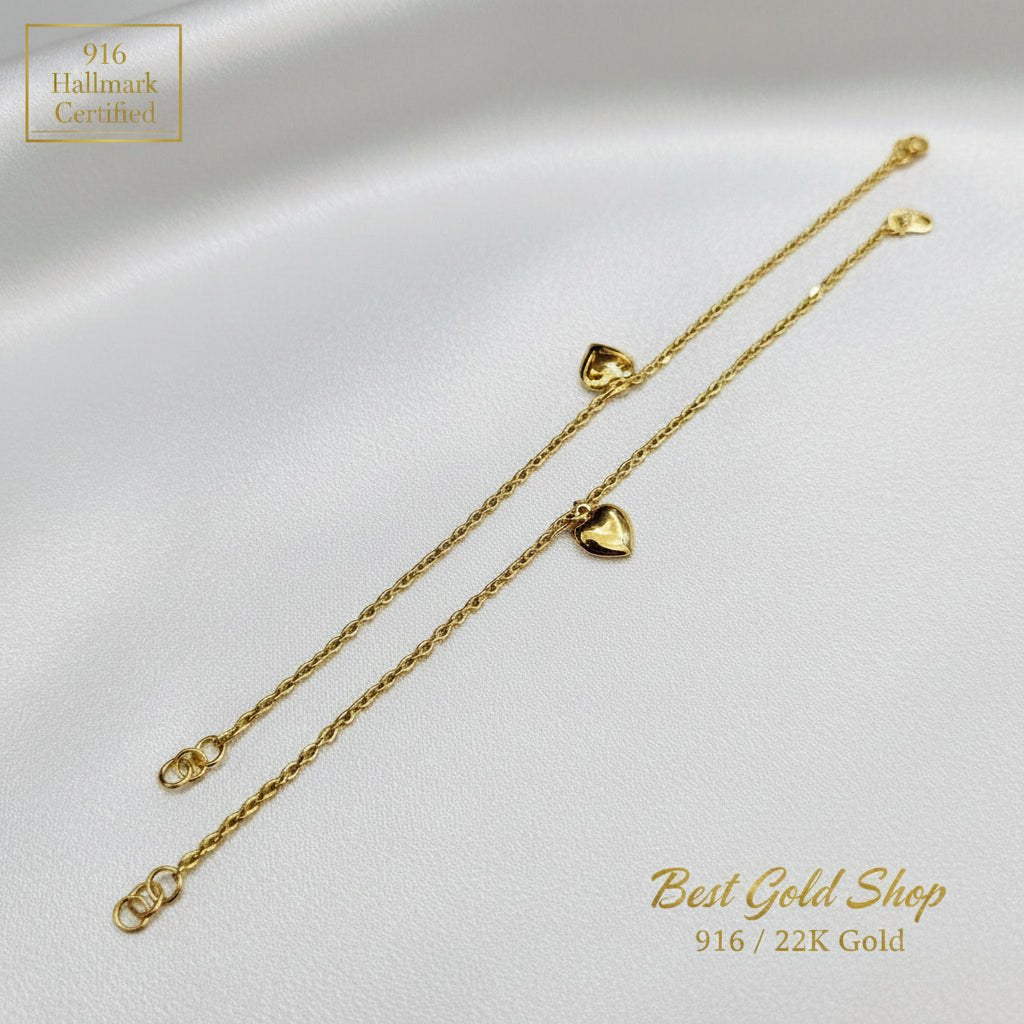 916 Gold Wan Zi Dangling Heart Bracelet | Slim 22K Design - View 9