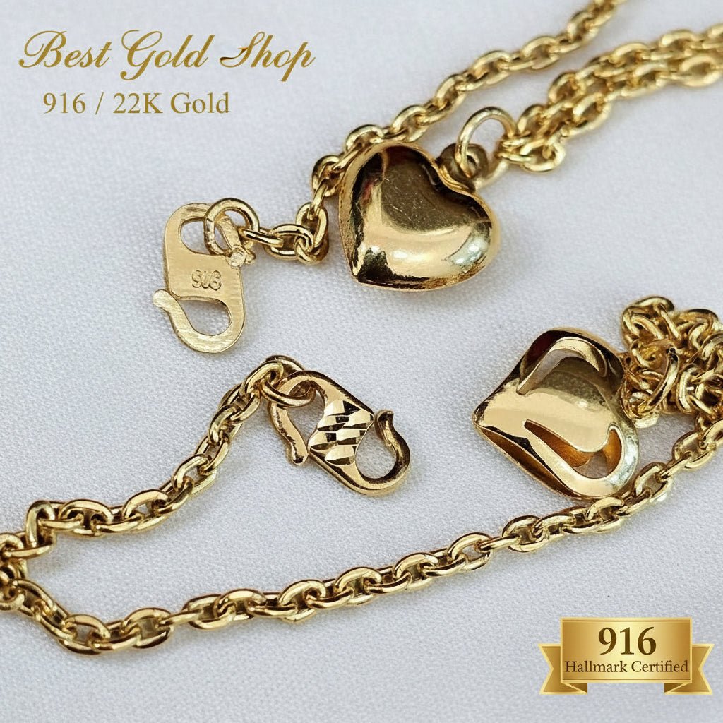 916 Gold Wan Zi Dangling Heart Bracelet | Slim 22K Design - View 11